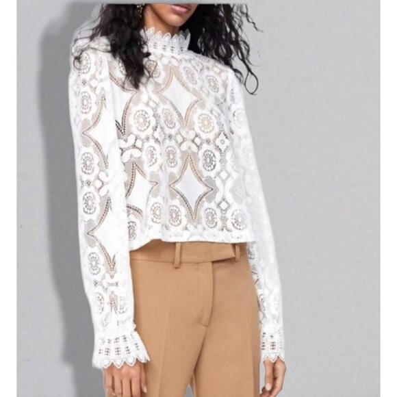 Boho White Lace Top Mock Sheer Bishop Long Sleeve Vintage Size S XS Crop - Picture 1 of 9